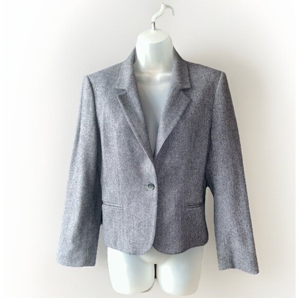 Saville Blazer Tweed Herringbone Jacket Womens Size 10 Petite Wool Grey Career - Picture 1 of 11